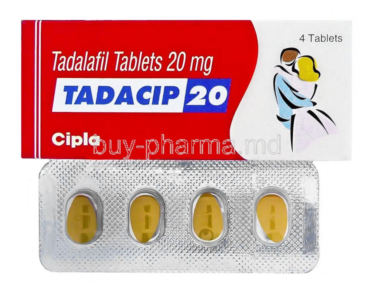 Tadacip, Tadalafil 20mg box and tablets