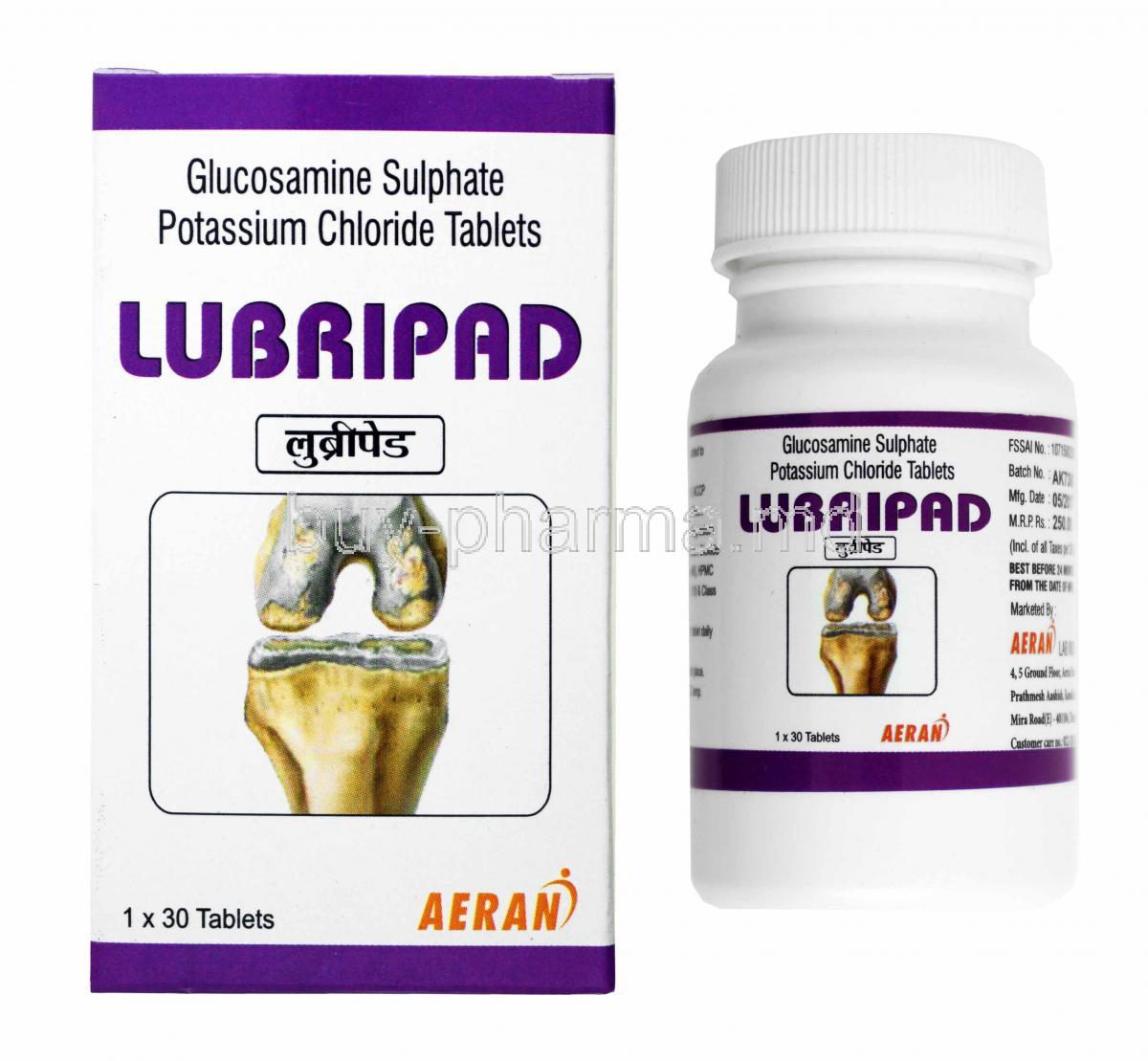 Lubripad, Glucosamine 500mg box and tablet bottle