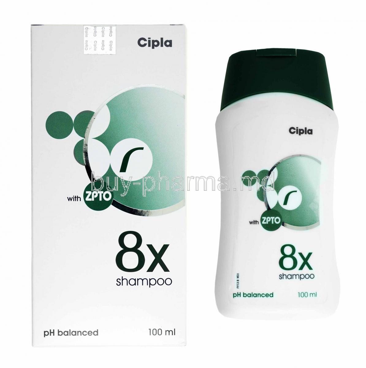 8X Shampoo, Ciclopirox and Zinc pyrithione box and bottle