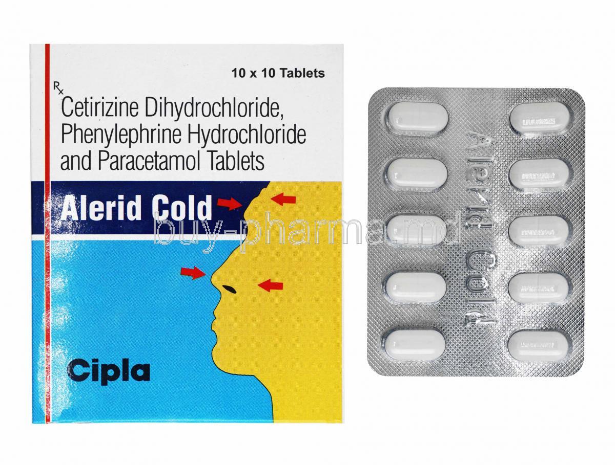 Alerid Cold, Cetirizine, Paracetamol and Phenylephrine box and tablets