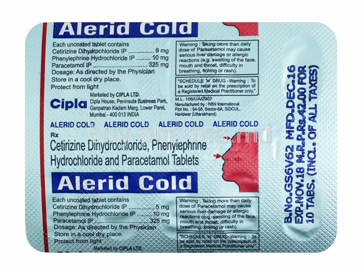 Buy Alerid Cold, Cetirizine/ Paracetamol/ Phenylephrine ...