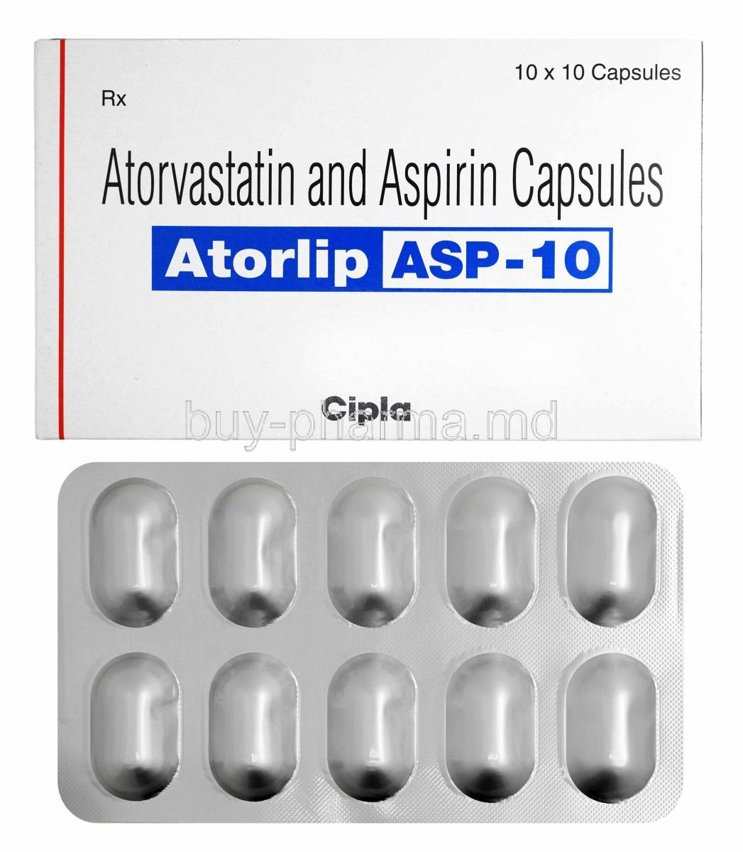 Atorlip-ASP, Atorvastatin and Aspirin box and capsules