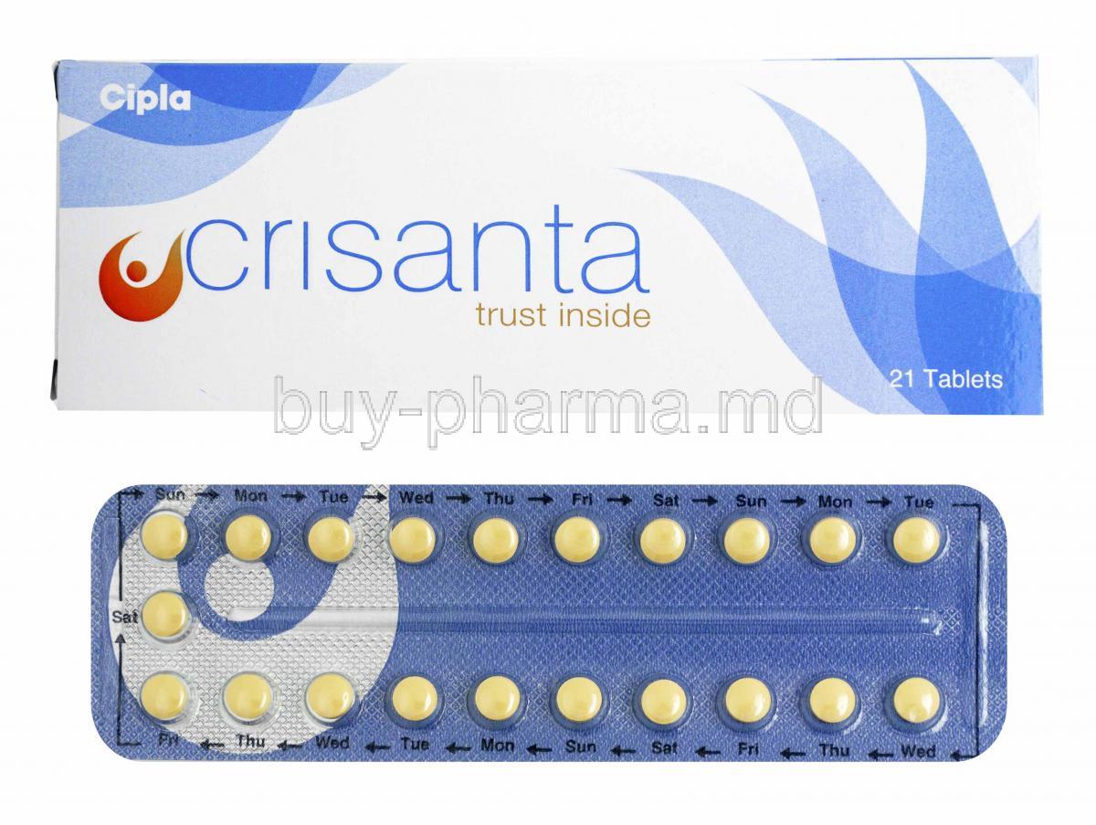 Crisanta, Ethinyl Estradiol and Drospirenone box and tablet