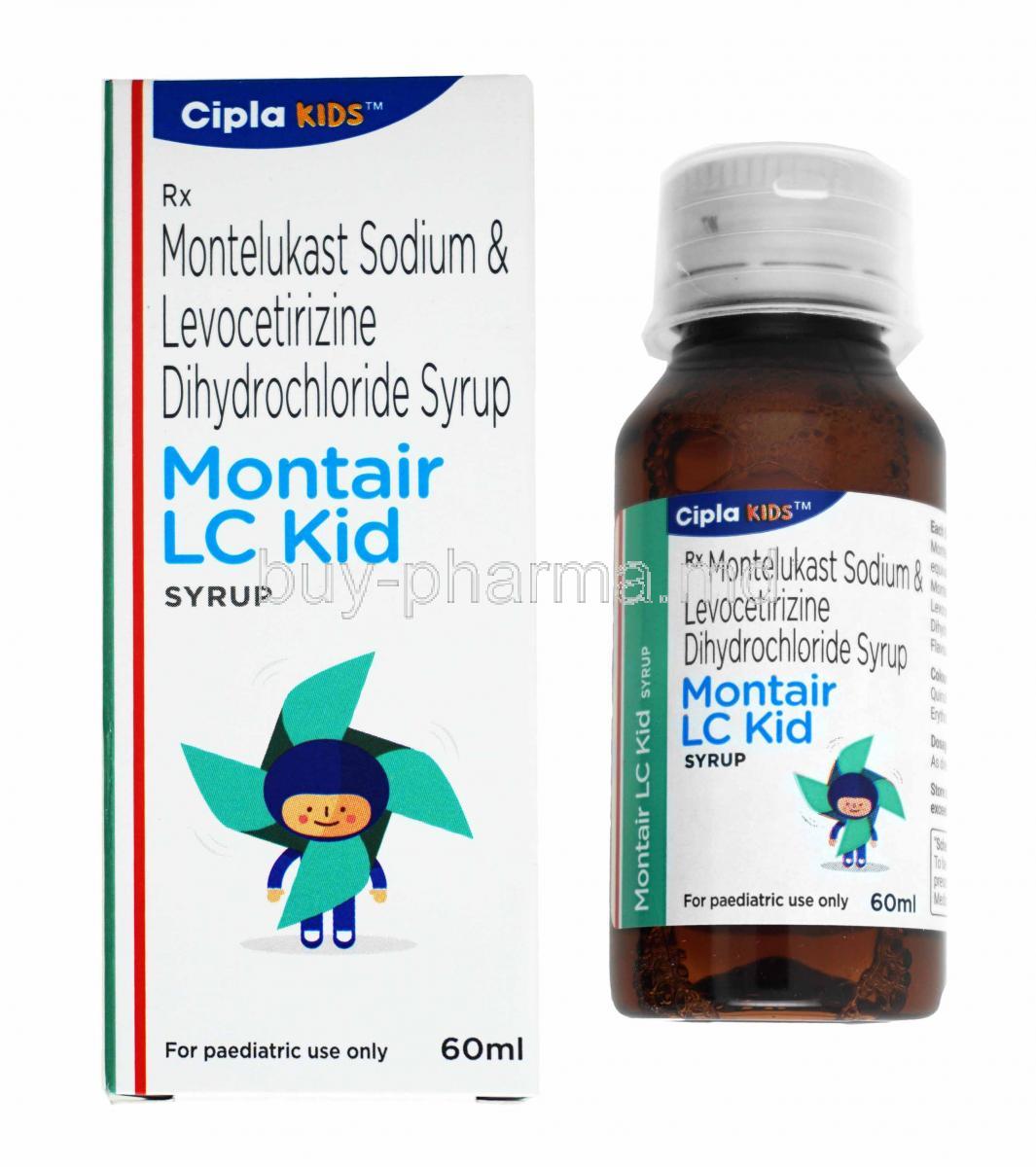 Montair LC Kid Syrup, Levocetirizine and Montelukast box and bottle