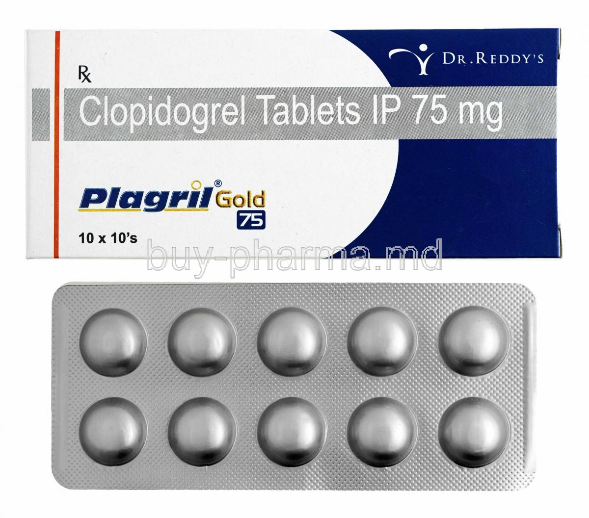 Plagril Gold, Clopidogrel 75mg box and tablets