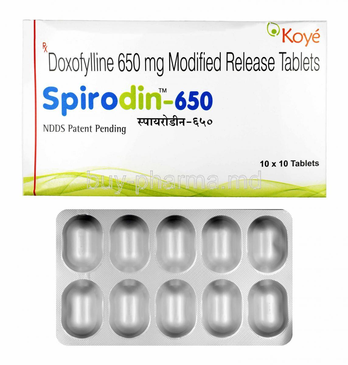 Spirodin, Doxofylline 650mg box and tablets
