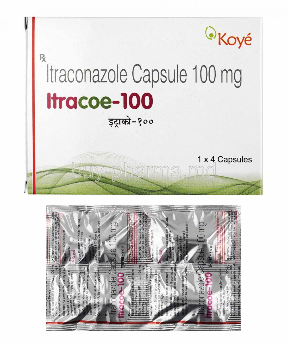Itracoe, Itraconazole 100mg box and capsules