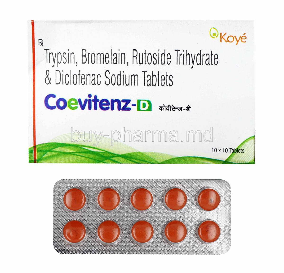 Coevitenz-D, Trypsin, Bromelain, Rutoside and Diclofenac box and tablets