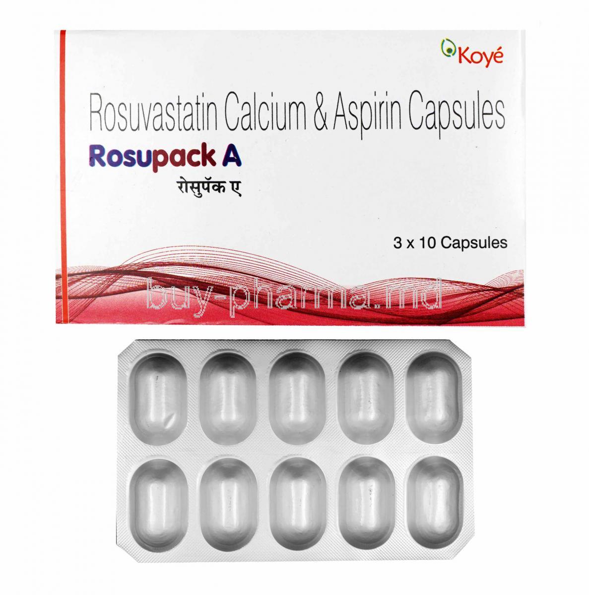 Rosupack A, Rosuvastatin and  Aspirin box and capsules