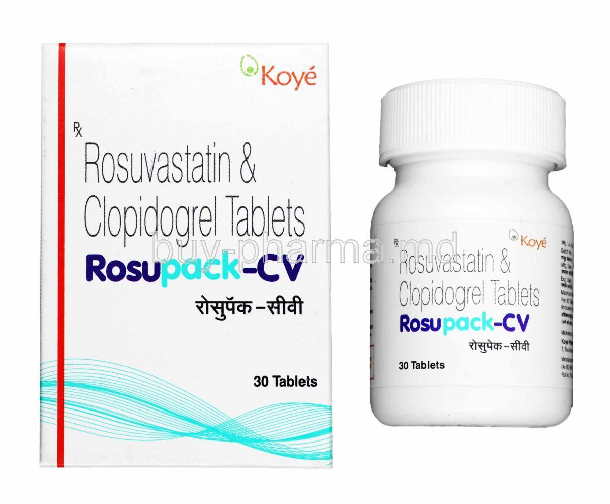 Rosupack-CV, Rosuvastatin and Clopidogrel box and tablets