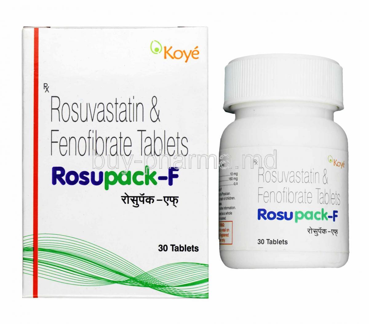 Rosupack-F, Fenofibrate and Rosuvastatin box and tablets