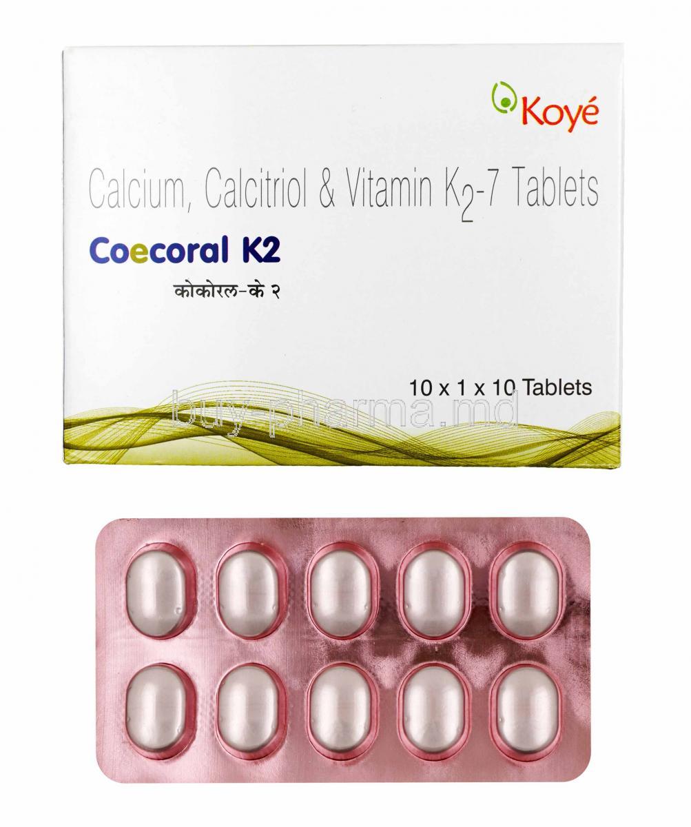 Coecoral K2, Calcium, Calcitriol and Vitamin box and tablets