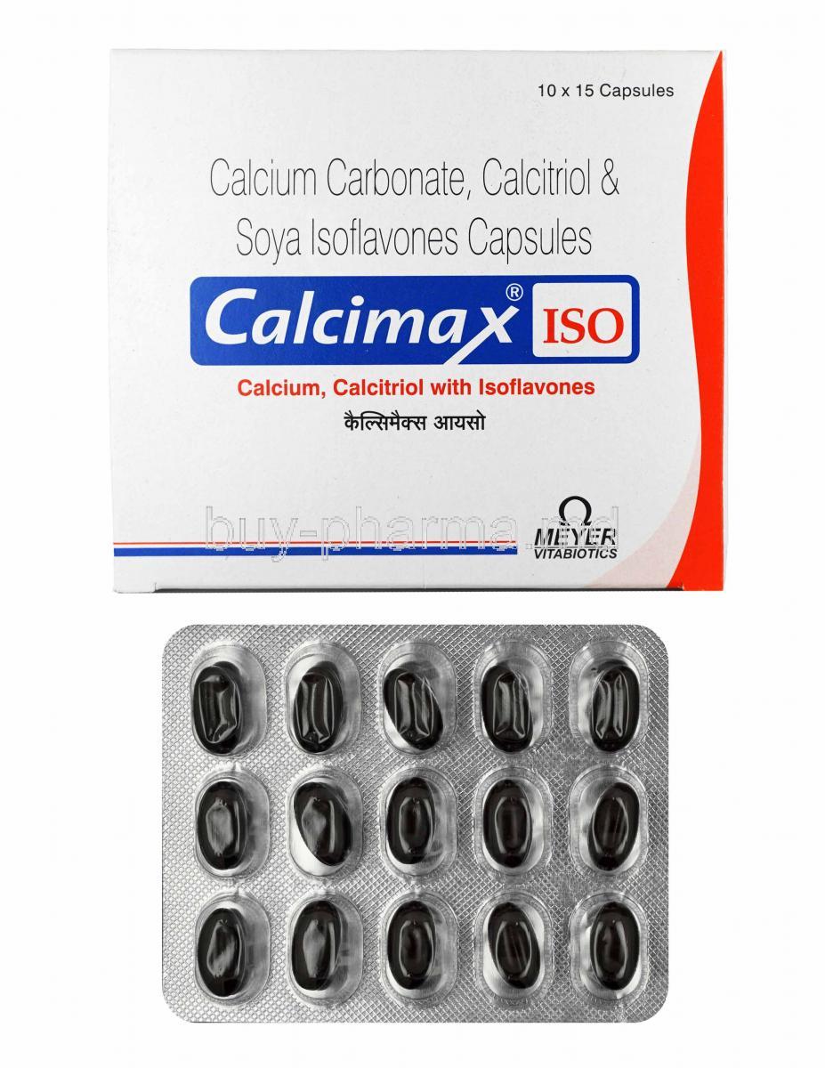 Calcimax ISO, Calcium Carbonate, Calcitriol and Soya Isoflavones box and capsules