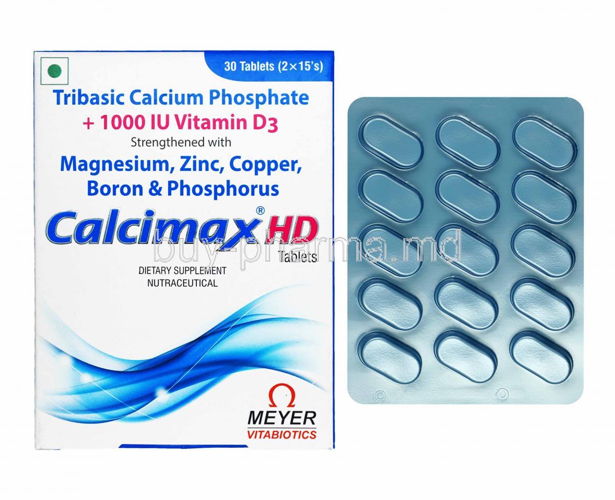 Calcimax HD, Calcium, Phosphorus and Magnesium box and tablets