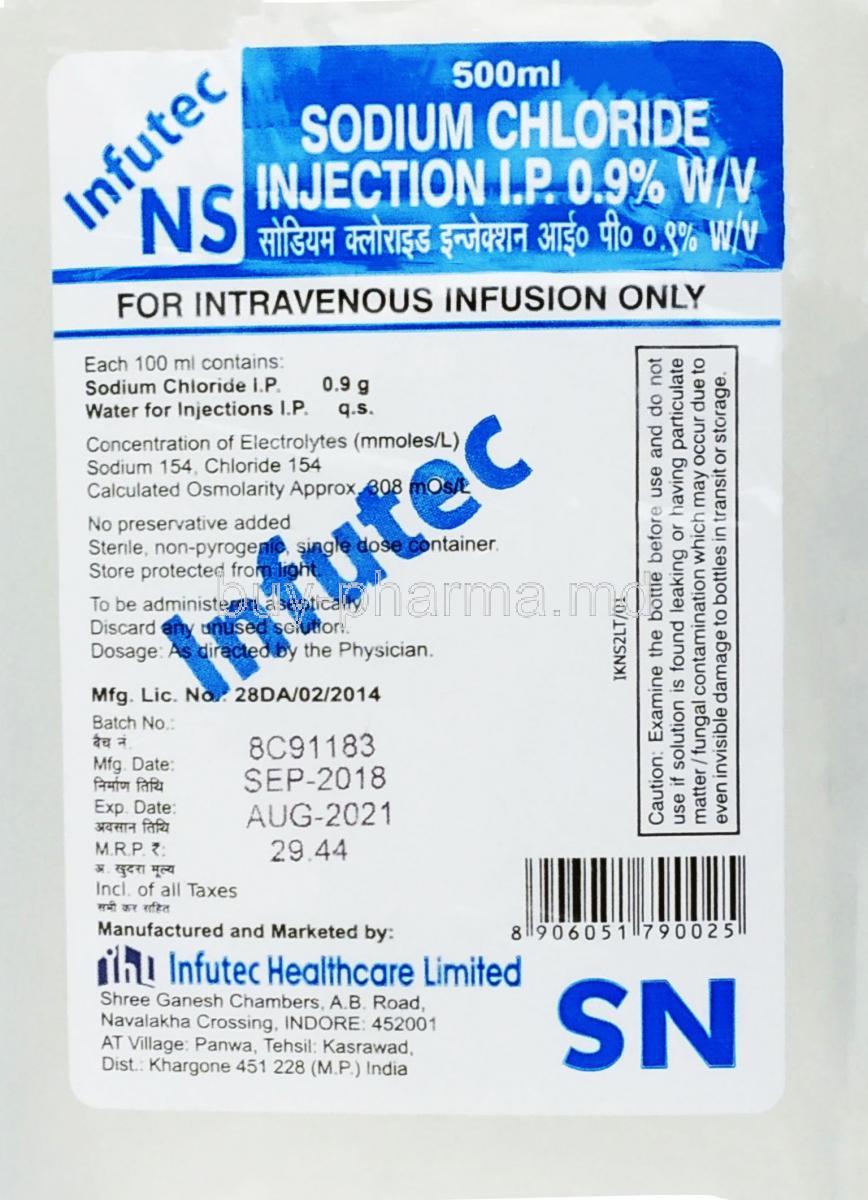 Sodium Chloride Injection, Sodium Chloride 500ml, Infutec Healthcare Ltd,  Label information