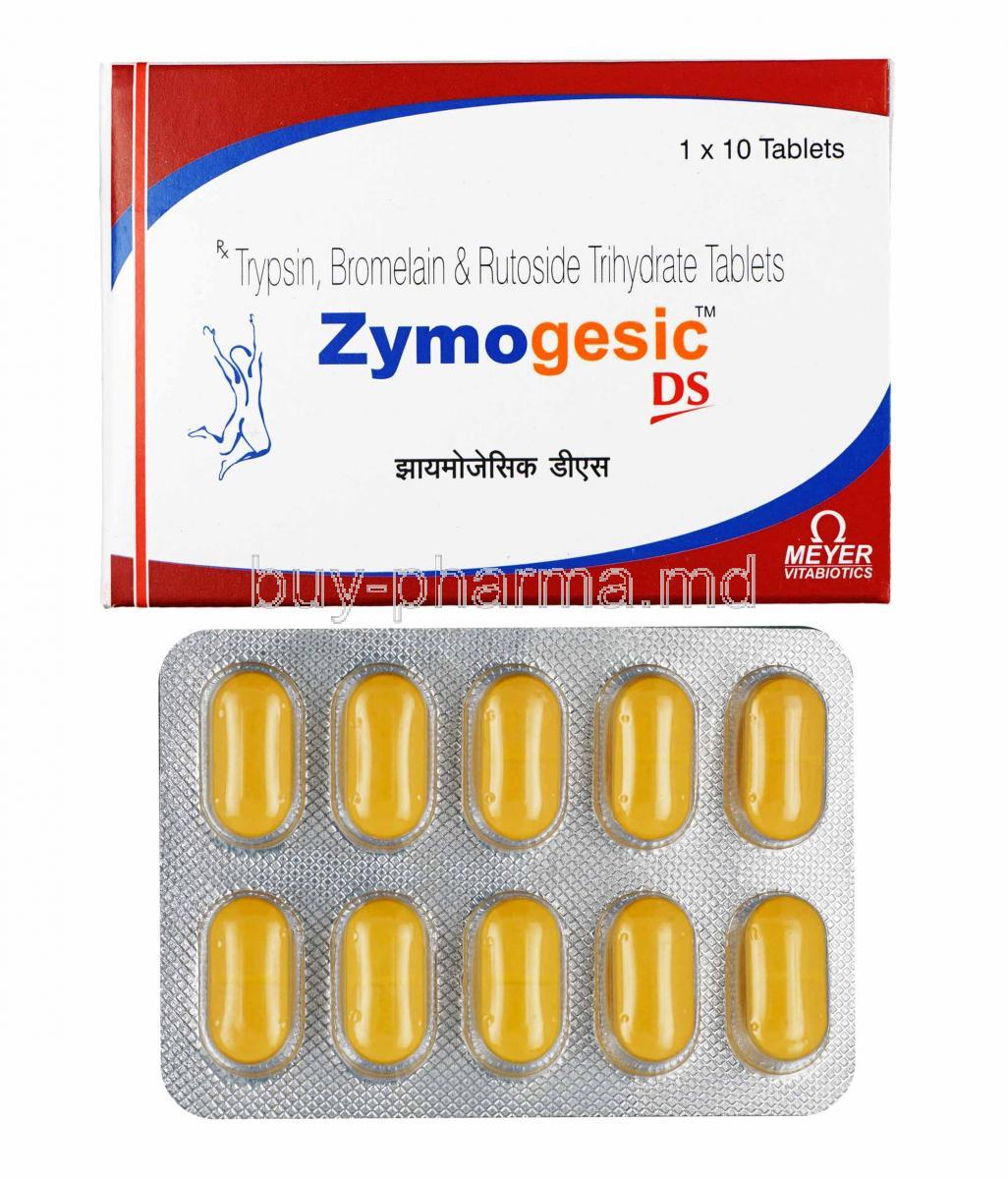 Zymogesic DS, Trypsin, Bromelain and Rutoside Trihydrate box and tablets