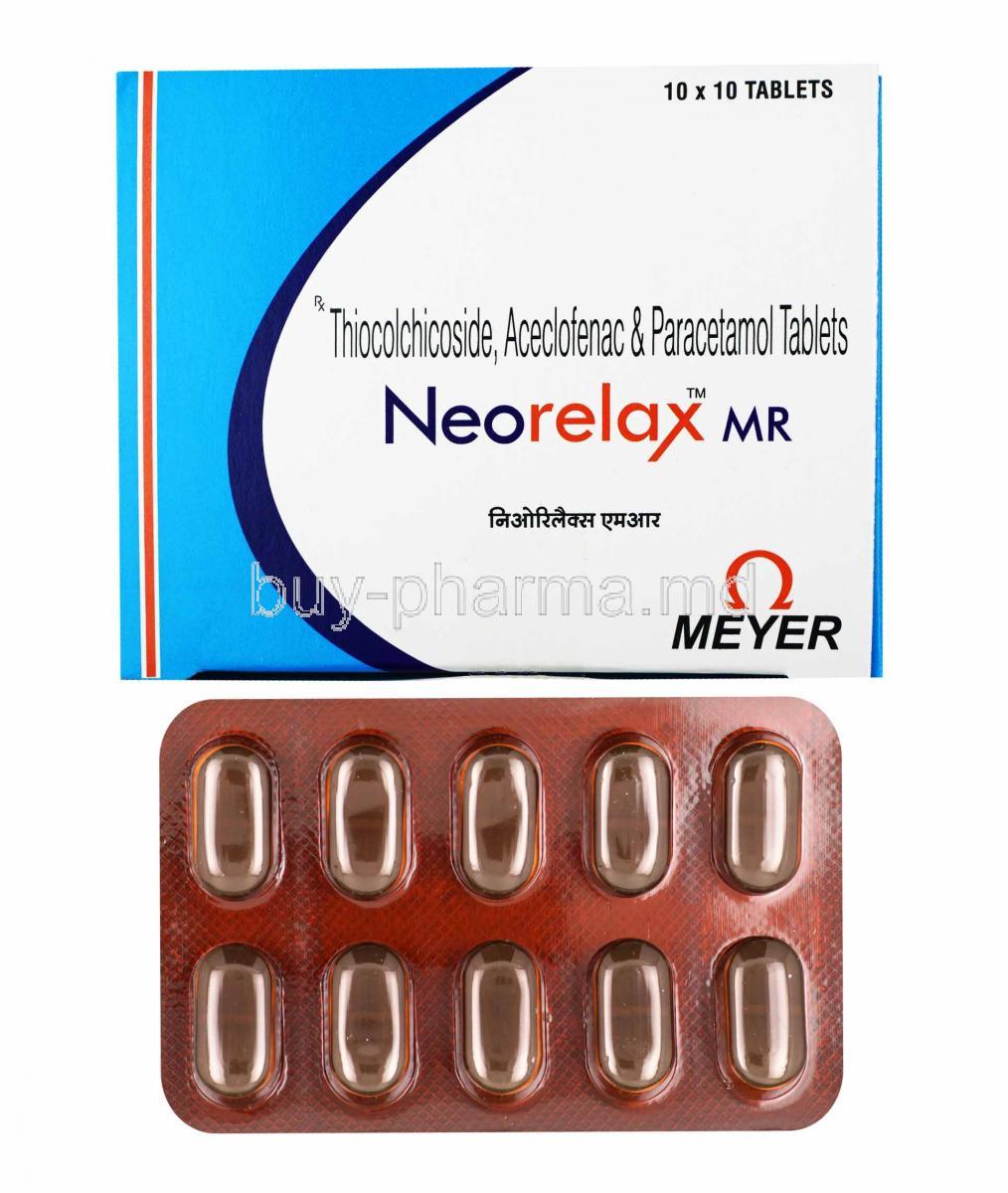 Neorelax MR, Thiocolchicoside 4mg, Aceclofenac 100mg and Paracetamol 325mg box and tablets