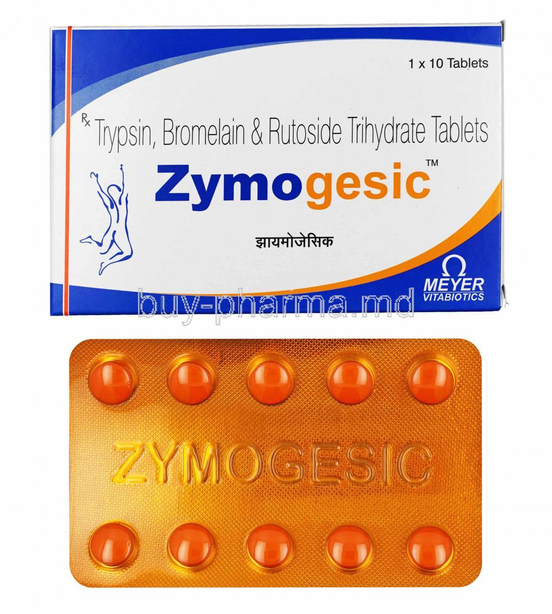 Zymogesic, Bromelain, Trypsin and Rutoside box and tablets