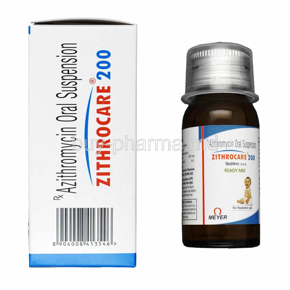 Zithrocare Oral Suspension Azithromycin 200mg box and bottle