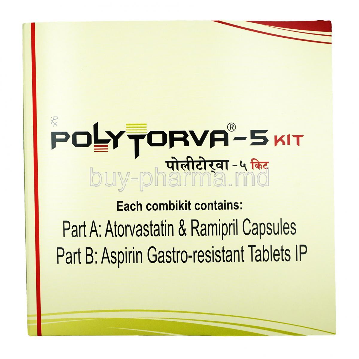 Polytorva Kit, Atorvastatin 10mg +  Ramipril 5mg & Aspirin 75mg, Combikit (Cupsule & Tablet),Box