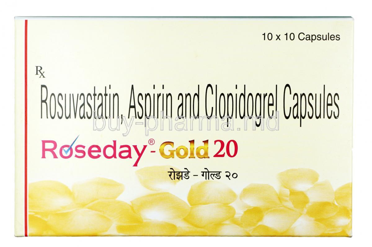 Roseday gold, Aspirin 75 mg / Rosuvastatin 20mg /Clopidogrel 75mg, Capsule, Box