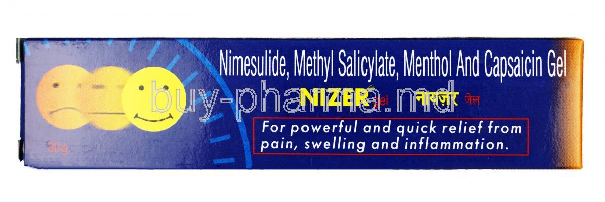 Nizer Gel,Nimesulide 10 mg / Methyl Salicylate 100mg / Menthol 50mg, Gel, 30g, Box