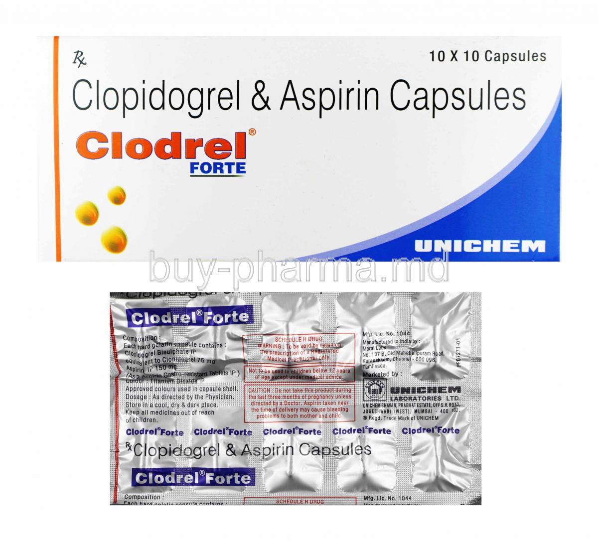Clodrel Forte, Aspirin 150mg and Clopidogrel 75mg box and tablets