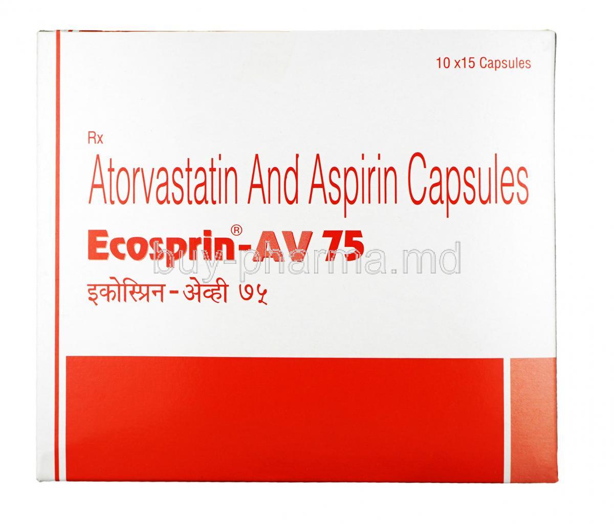 Ecosprin AV, Aspirin 75 mg / Atorvastatin 20mg, Capsule, Box
