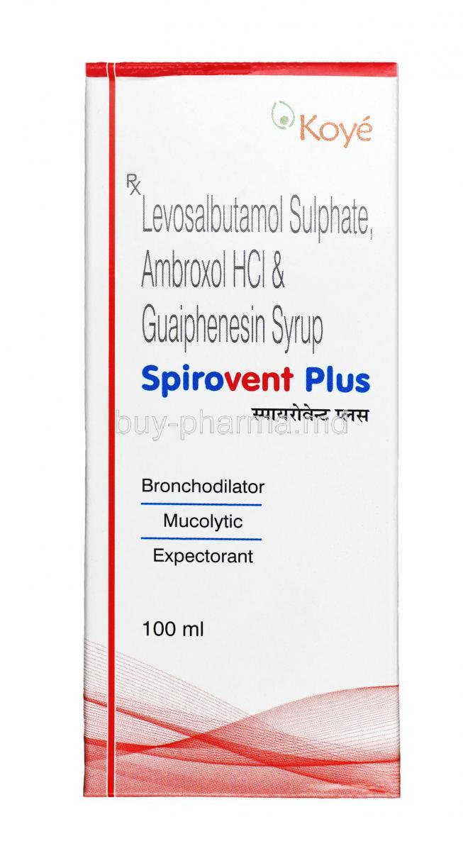 Spirovent Plus Syrup, Ambroxol 30mg + levosalbutamol ( levalbuterol ) 1mg + guaifenesin 50mg, Syrup 100ml, Box