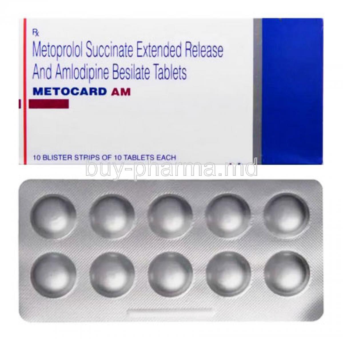 Metocard AM, Metoprolol and Amlodipine box and tablets