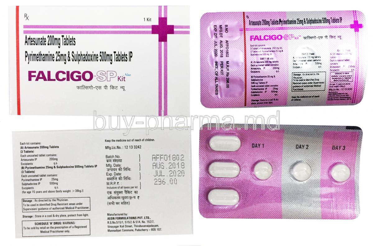 Artesunate 200mg/ Pyrimethamine 25nf/ Sulphadoxine 500mg, box and blister pack