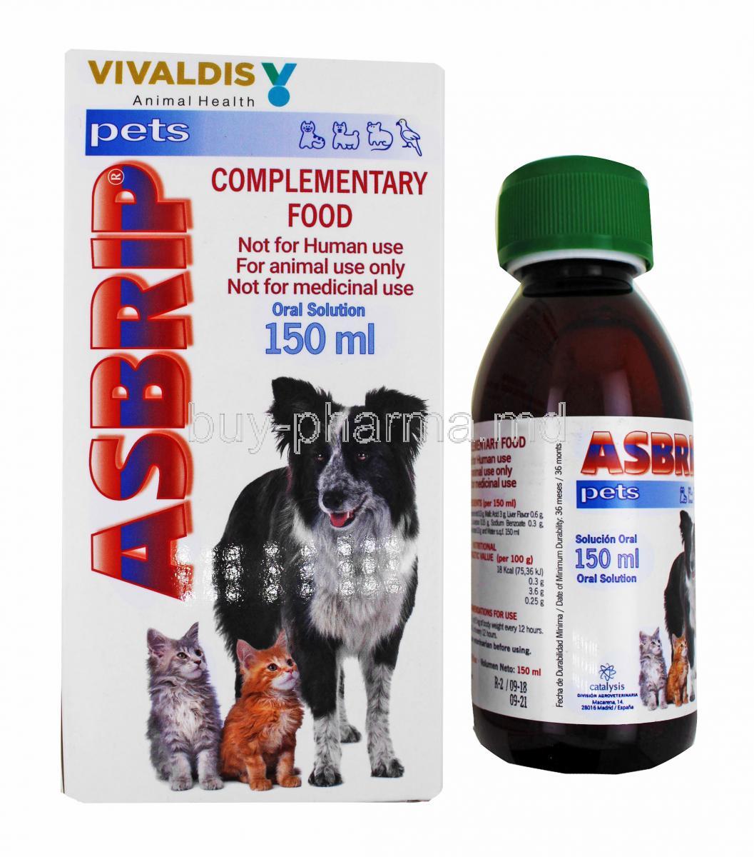 Asbrip Oral Solution for Pets, box and bottle