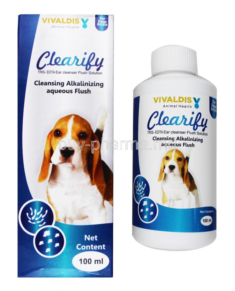 Clearify Ear Cleansing Solution for Dos and Cats, box and bottle
