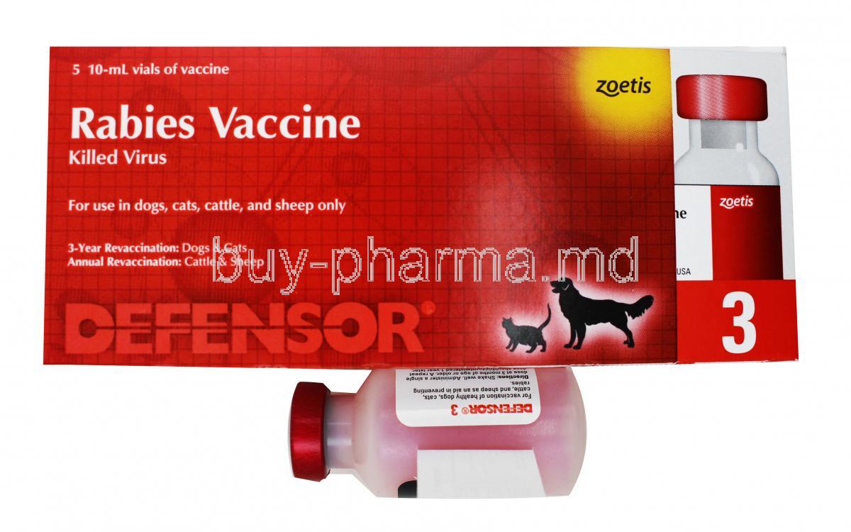 Defensor 3 Rabies Vaccine for Dogs, Cats, Cattle and Sheep box and vial