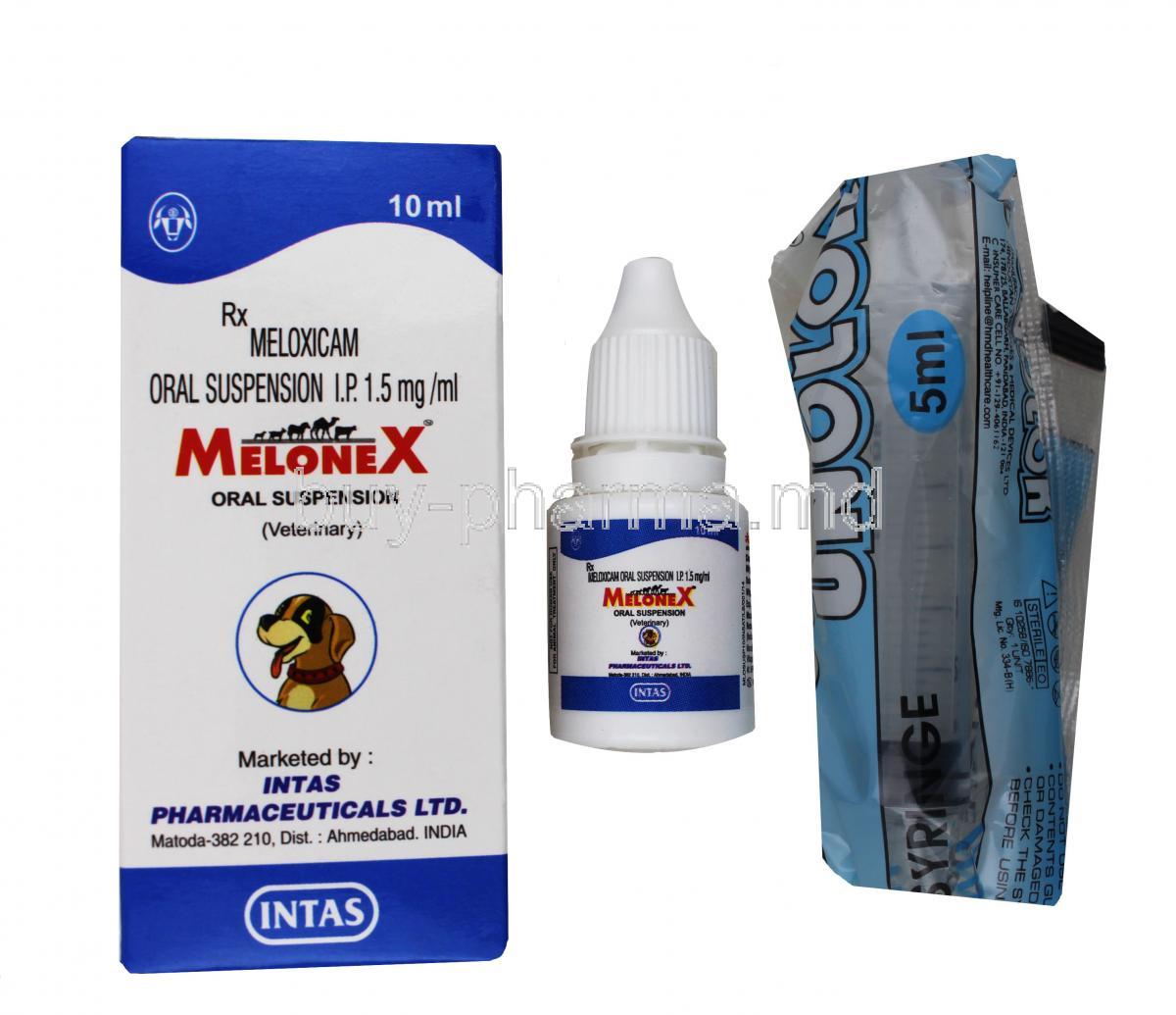 MELONEX Oral Suspension, Meloxicam, 10ml, box, bottle, syringe