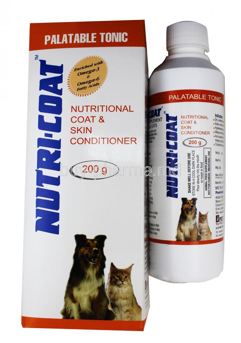 Nutricoat Nutrtional suppliment,Linolenic Acid and other viamins, Oral suspension, 200g, Box and Bottle