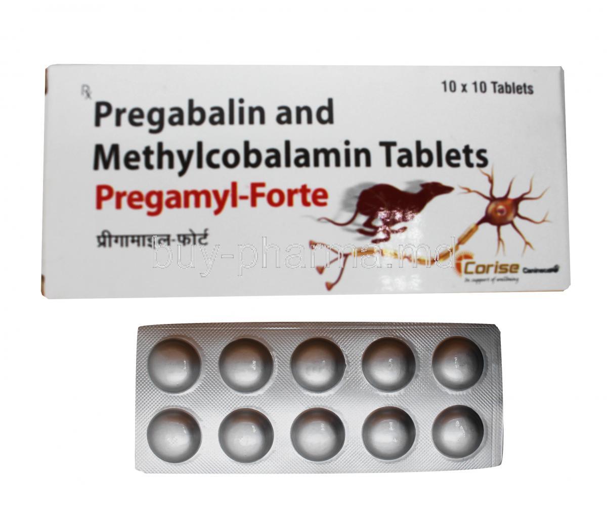 PREGAMYL FORTE, Pregabalin 75mg, Methylcobalamin 1500mcg,Tablet, Box and sheet