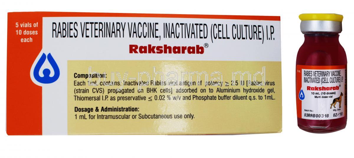 Raksharb, Rabies Veterinary Vaccine, 1ml X 10 vaccines, 10ml, Box and Bottle