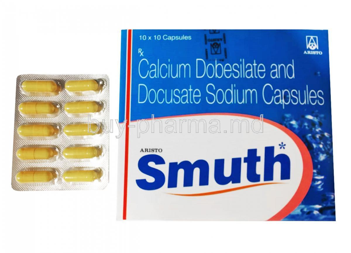 Smuth, Docusate and Calcium Dobesilate box and capsule