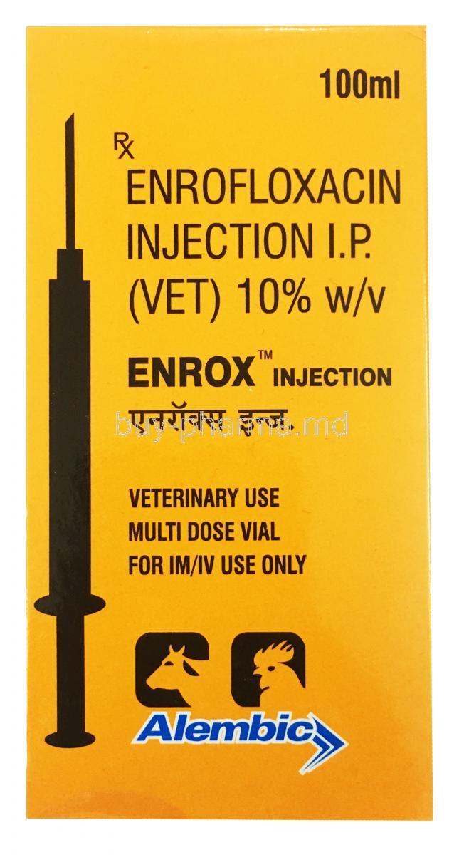 Enrox Injection, Enrofloxacin injection 10%, 100ml, Alembic, box front presentation