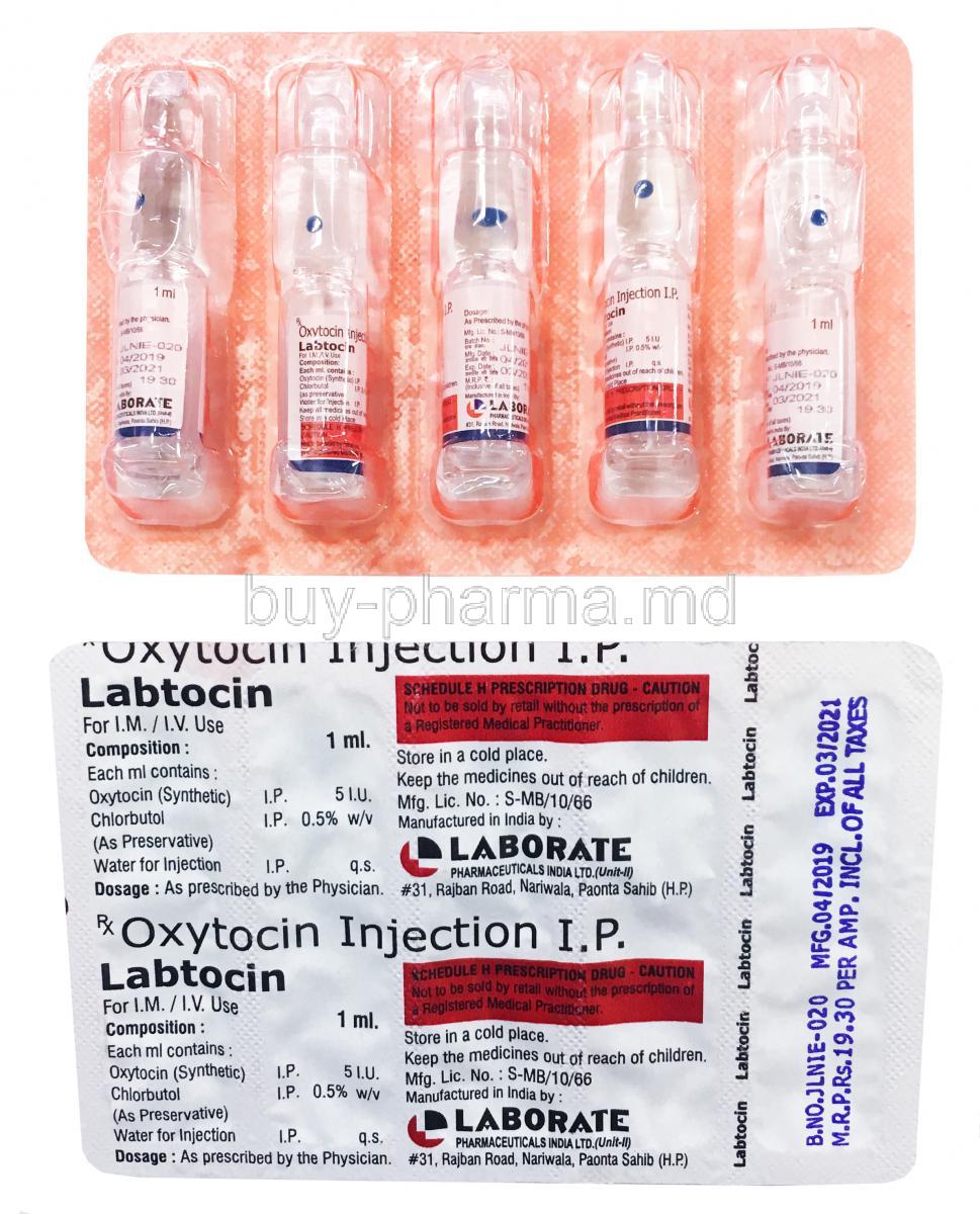 Labtocin, Oxytocin Injection 1ml, 5IU 5Amp, ampule packaging presentation