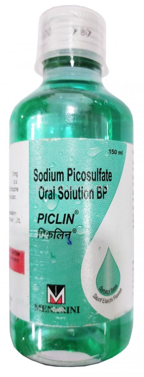 Piclin oral solution, Sodium Picosulfate, 150ml 5mg/5ml, bottle front presentation