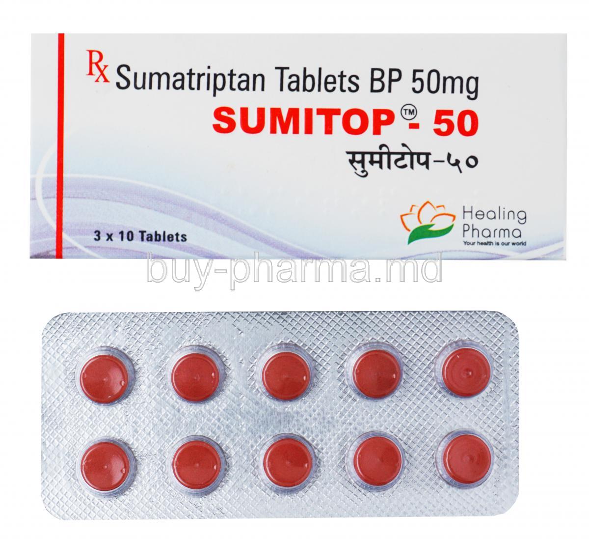 Sumitop, Sumatriptan tablets, 3 x 10 tablets, Healing Pharma, box and blister pack presentation