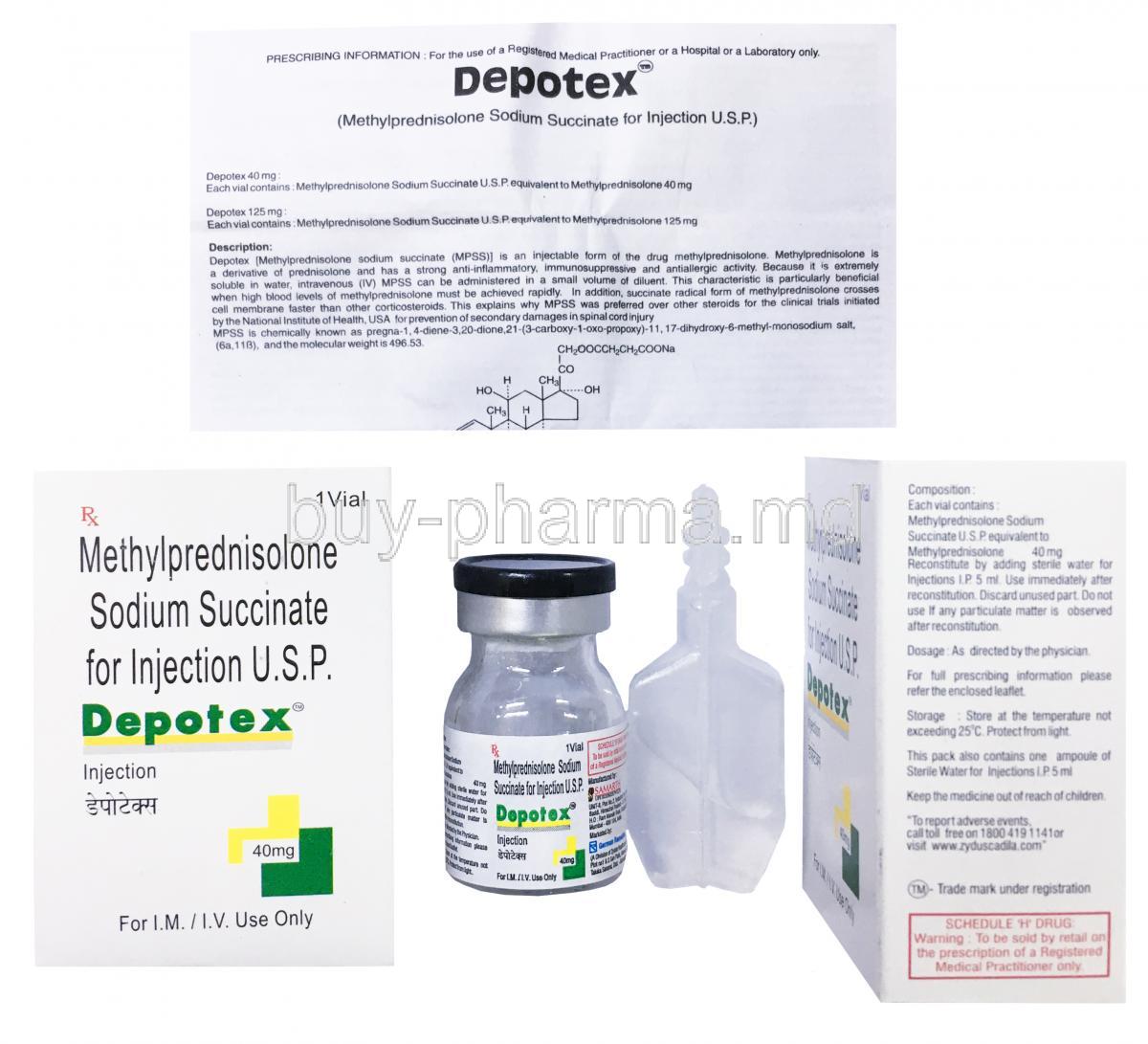 Depotex Injection, Methylprednisolone Injection 40mg, Zydus Cadila, Vial, box and insert presentation