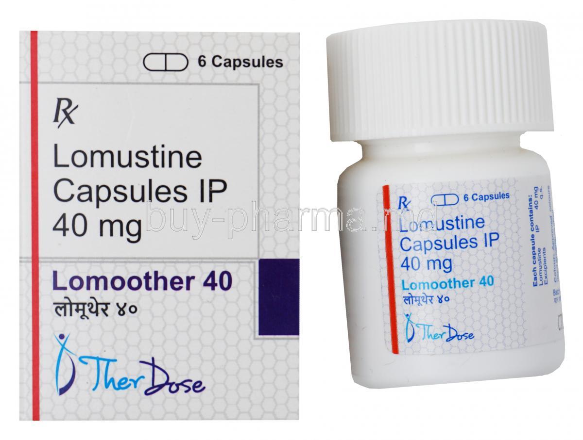 Lomoother, Lomustine Capsules IP 40mg, 6 capsules, Therdose Pharma Pte ltd, Box and bottle presentation
