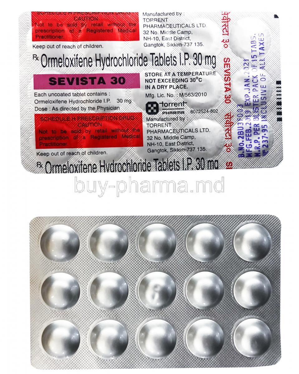 Sevista 30, Ormeloxifene Hydrochloride 30mg, blister pack presentation