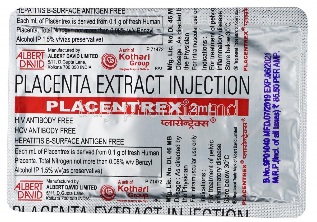 Placentrex Injection, Human Placenta, 0.1gm/ml 2ml ampule, blister pack presentation