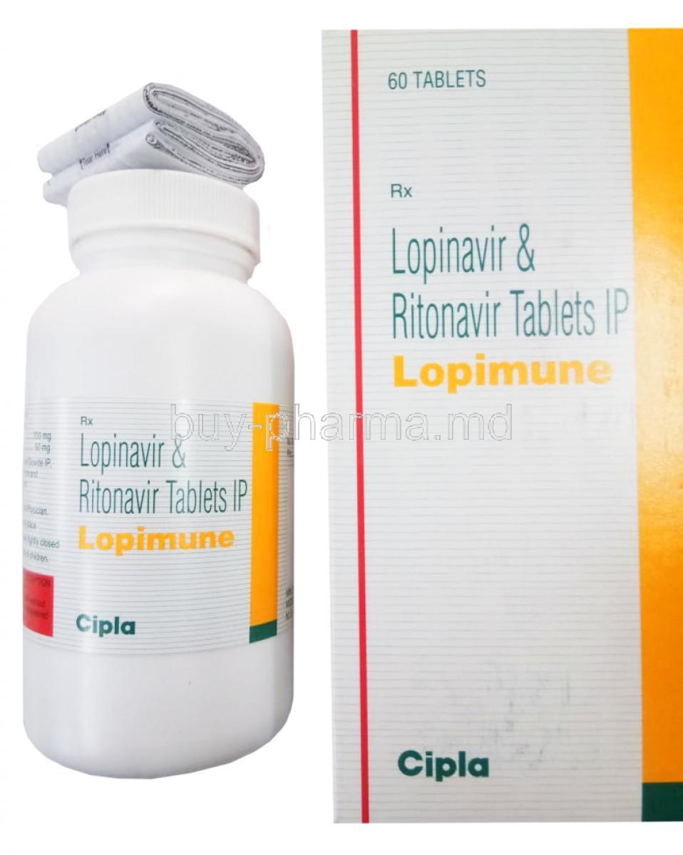 Lopimune, Ritonavir 50mg/ Lopinavir 200mg, Cipla 60 tabs, box and bottle front presentation