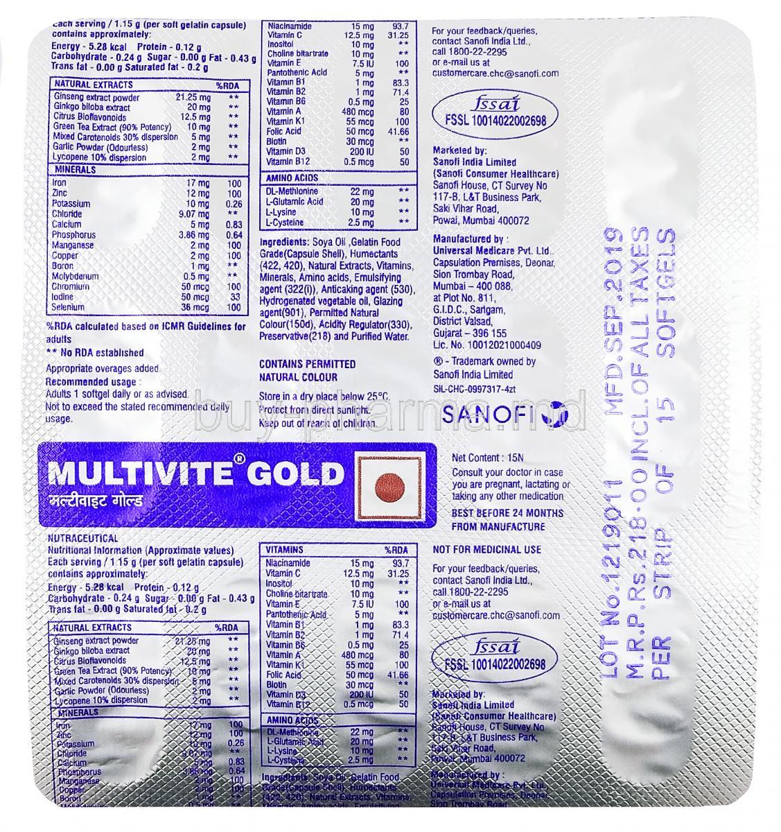 Multivite Gold, Beta-carotene/ Biotin/ Calcium pantothenate/ Citrus bioflavonoids/ Folic acid/ Garlic oil/ Gingko biloba/ Ginseng/ Green tea powder/ Inositol/ Lycopene/ Multivitamins, blister pack back presentation with information