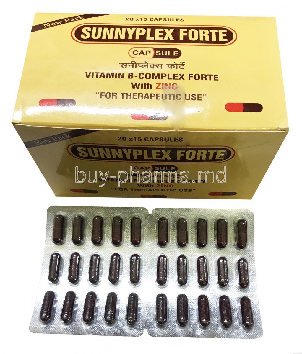 Sunnyplex Forte, Vitamin B1 10mg/ Vitamin B2 10mg/ Vitamin B6 3mg/ Vitamin B12 5mcg/ Niacinamide 50mg/ Calcium Pantothenate 12.5mg/ Zinc Sulphate Monohydrate 20mg/ Magnesium Sulphate Monohydrate 10mg, Saint Michael Biotech, box and blister pack